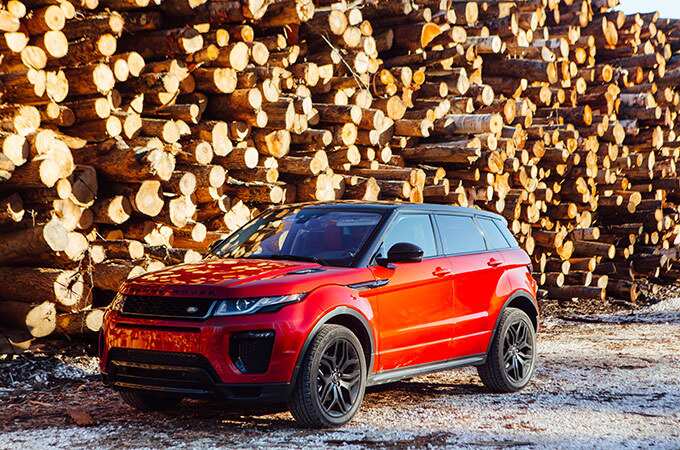 Range Rover Evoque parked by a huge pile of logs.
